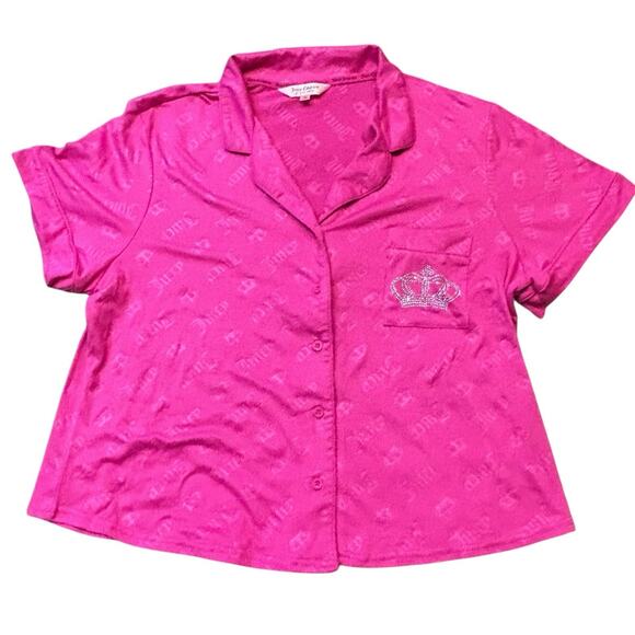 JUICY COUTURE Hot Pink Diagonal Logo S/S Button Front PJ Short Set Bling NWOT - Picture 3 of 9
